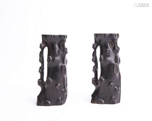 Pair of Chinese Carved Wood Floral vases