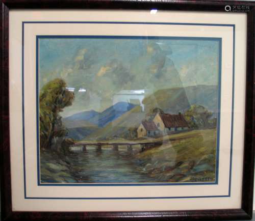 Landscape with House & Bridge Water Color Painting by H. Bennett