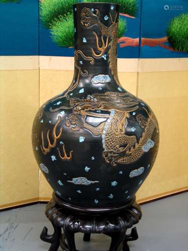 Big Chinese Black Glazed Dragon Porcelain Vase, Qianlong Mark.