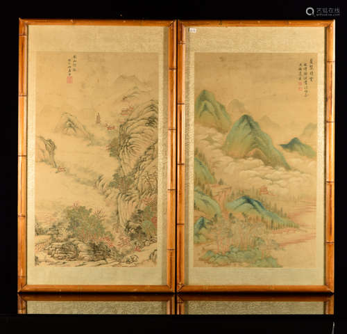 Chinese Landscape Painting - Signed - Pair