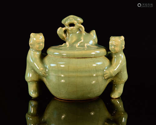 Chinese Celadon Porcelain Censer with Two Boy