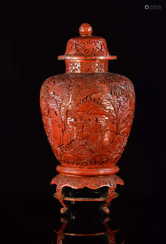 Chinese Carved Cinnebar Cover Jar with Stand