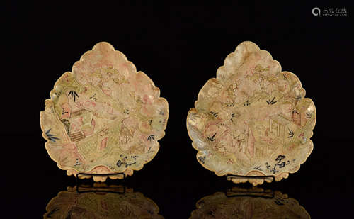 Pair Chinese 18th cen Soapstone Leaf Shape Dish