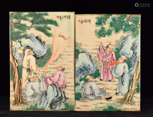 Chinese Porcelain Tile with Lohan Scene - Two