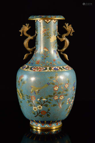 Chinese Cloisonné Vase with Double Dragon Handle