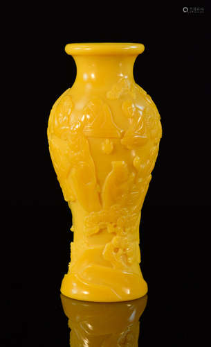 Chinese Imperial Yellow Peking Glass with Lohan Scene