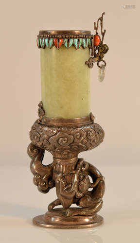 Chinese Mongolian Silver Jade Vase