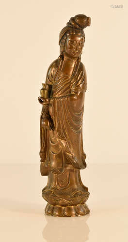 Chinese Bronze Standing Kuanyin with Vase in Hand