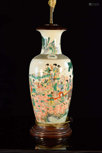 Chinese Porcelain Lamp Vase with Famille Verte Figural Scene