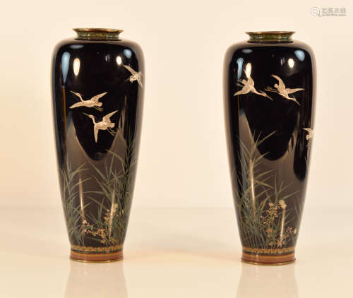 Pair Japanese Cloisonné Vases with Crane Scene