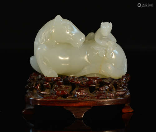 Chinese White Jade Horse on Wooden Stand