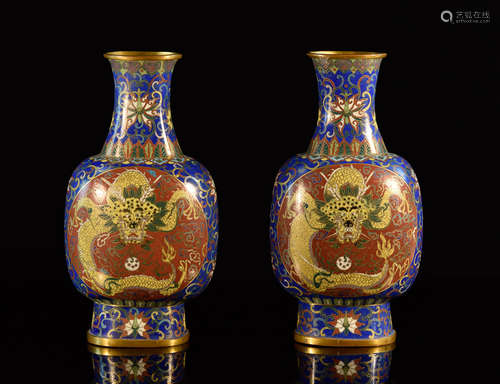 Pair Chinese Cloisonné Vases with Dragon Motif