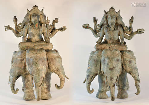 Pair Southeast Asia Bronze Elephant with Buddha