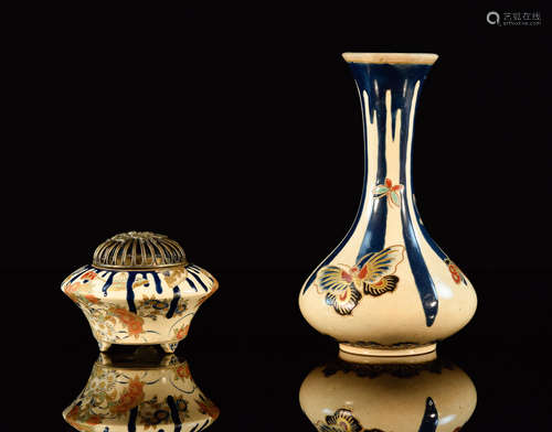 Two Japanese Goshu Blue Satsuma Vase and Censer