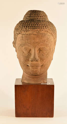 Antique Southeast Asia Sandstone Buddha Head on Stand