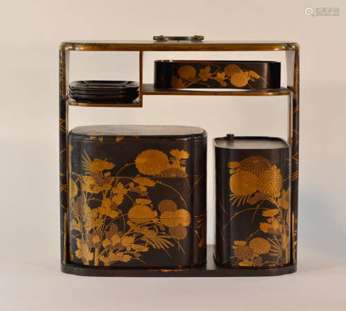 Japanese Lacquer Picnic Set with Silver Handle