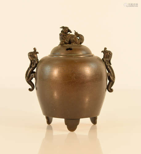 Chinese Bronze Censer with Silver Wire Inlay