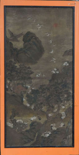 Chinese Landscape Painting with Crane Scene