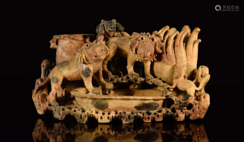 Chinese Soapstone Sculpture with Lion Scene