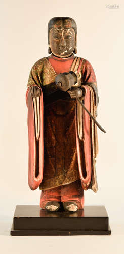 Japanese Wood Monk with Lacquer Decoration - Edo Period