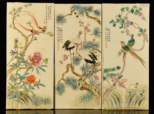Chinese Porcelain Tiles with Bird Scene - Three