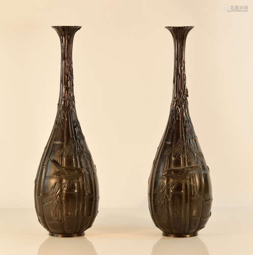 Pair Japanese Bronze Vases with Bird Scene