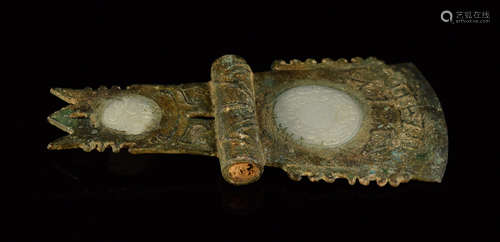 Chinese Bronze Ax with Jade Insert