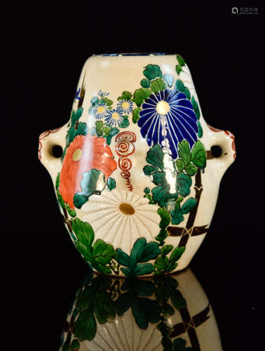 Japanese Studio Pottery Vase with Floral Scene