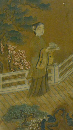 Chinese Framed Painting of a Standing Beauty in Garden