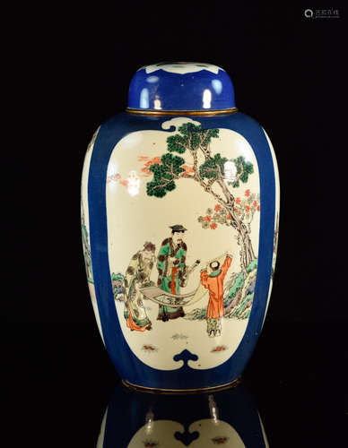 Chinese Porcelain Covered Jar with Cobalt Blue Color