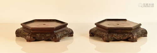 Pair Chinese Rosewood Hexagonal Bases