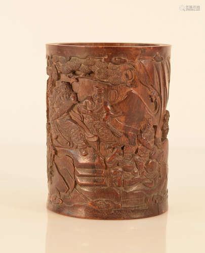 Chinese Scholar Bamboo Brush Pot with Warrior Scene