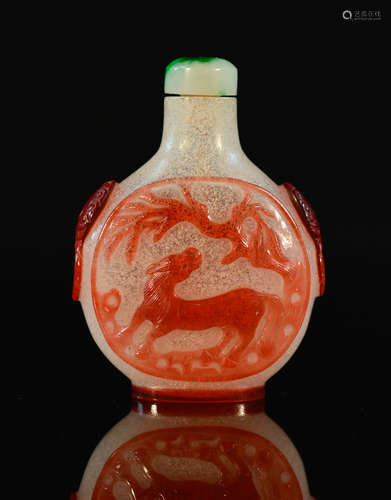 Chinese Red Peking Glass Snuff Bottle - Horse Scene