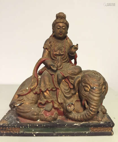 Chinese Wood Kuanyin on Elephant with Lacquer