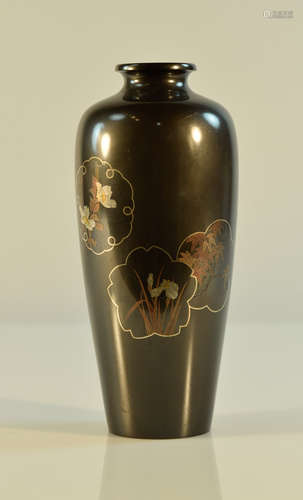 Japanese Mixed Metal Vase with Inlay Silver Gold Flowers