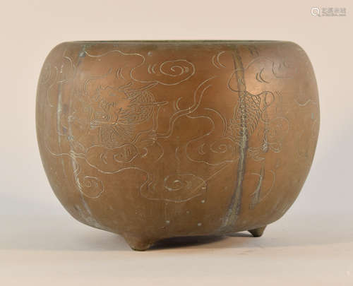 Japanese Bronze Braised Censer with Incised Dragon Scene