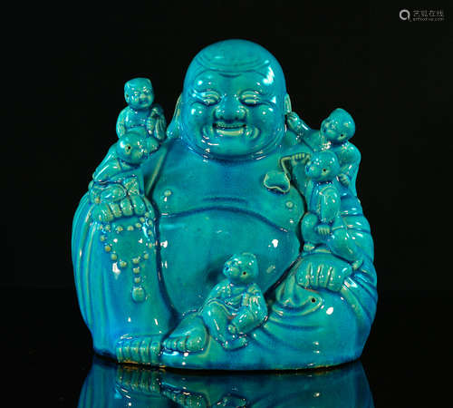 Chinese Peacock Blue Porcelain Seated Laughing Buddha