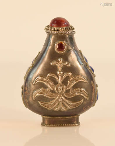 Chinese Silver Snuff Bottle - Floral Scene