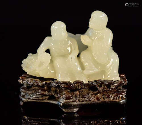 Chinese White Jade Lohan with Rosewood Base