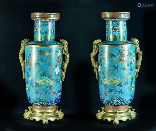 Pair of Chinese Cloisonné Vases with Gilt Bronze Dragon Side