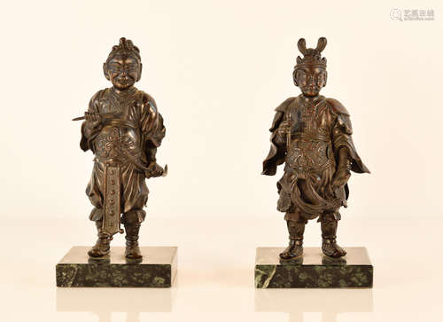 Pair Chinese Bronze Warrior on Marble Base