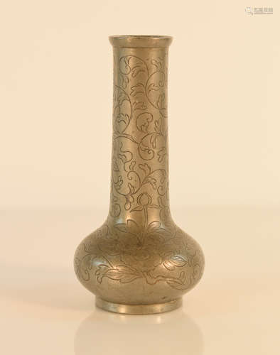 Chinese Pewter Vase with Incised Floral Decoration