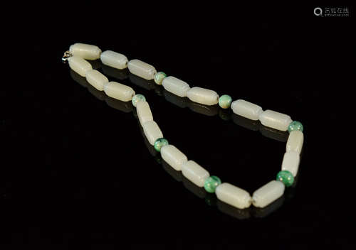 Fine Chinese Kong Shaped White Jade Bead Necklace