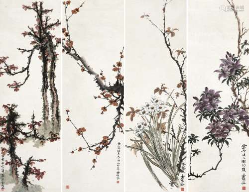 1963年作 丹枫 朱梅花 双清图 紫杜鹃花 立轴 设色纸本