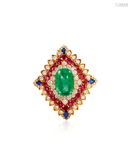 David Webb设计祖母绿，红宝石，蓝宝石配钻石吊坠/胸针