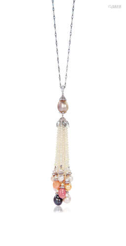 天然珍珠，海螺珠及美乐珠配钻石流苏项链