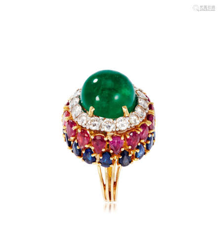 David Webb设计祖母绿，红宝石，蓝宝石配钻戒指