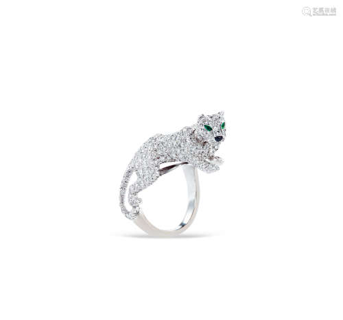 卡地亚设计钻石，祖母绿配黑玛瑙猎豹戒指