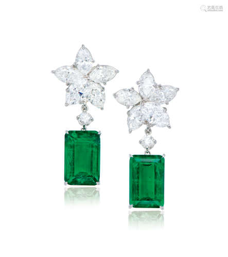 海瑞温斯顿设计哥伦比亚祖母绿配钻石耳环