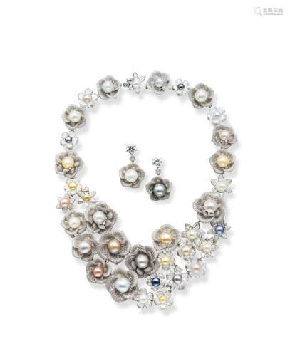 CICADA设计一组极为稀有天然彩色珍珠配钻石项链及耳环套装